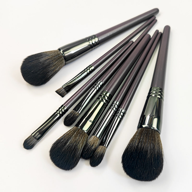 8-Piece Makeup Brush Set with Dark Purple Satin Handles