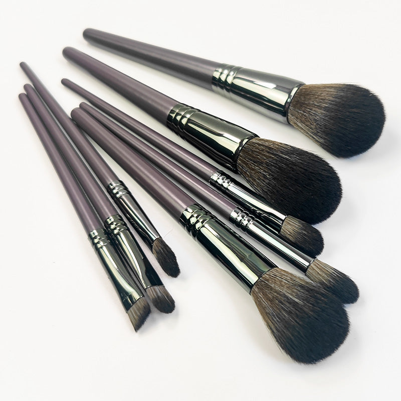 8-Piece Makeup Brush Set with Dark Purple Satin Handles